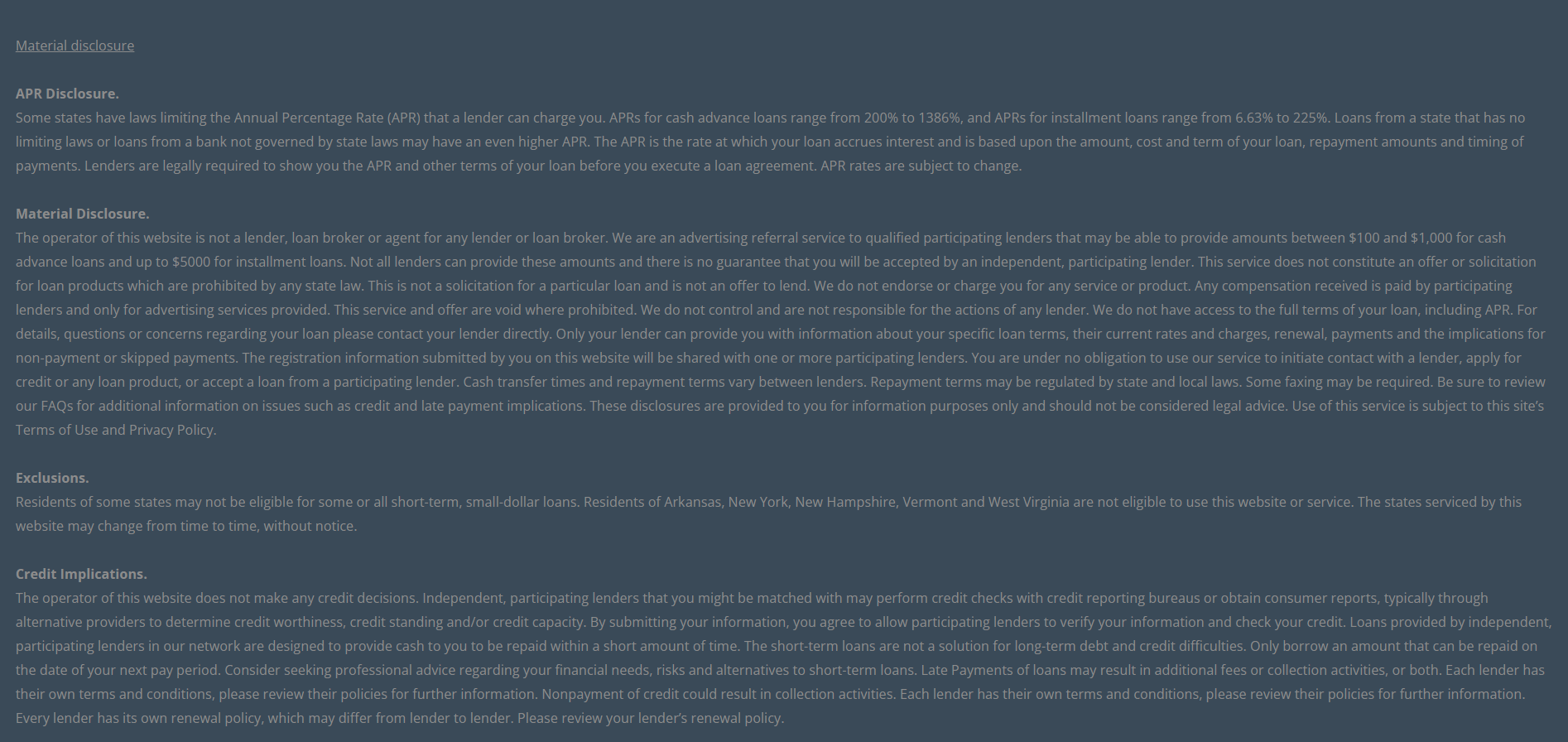 Material disclosure for payday loans in Torrance California